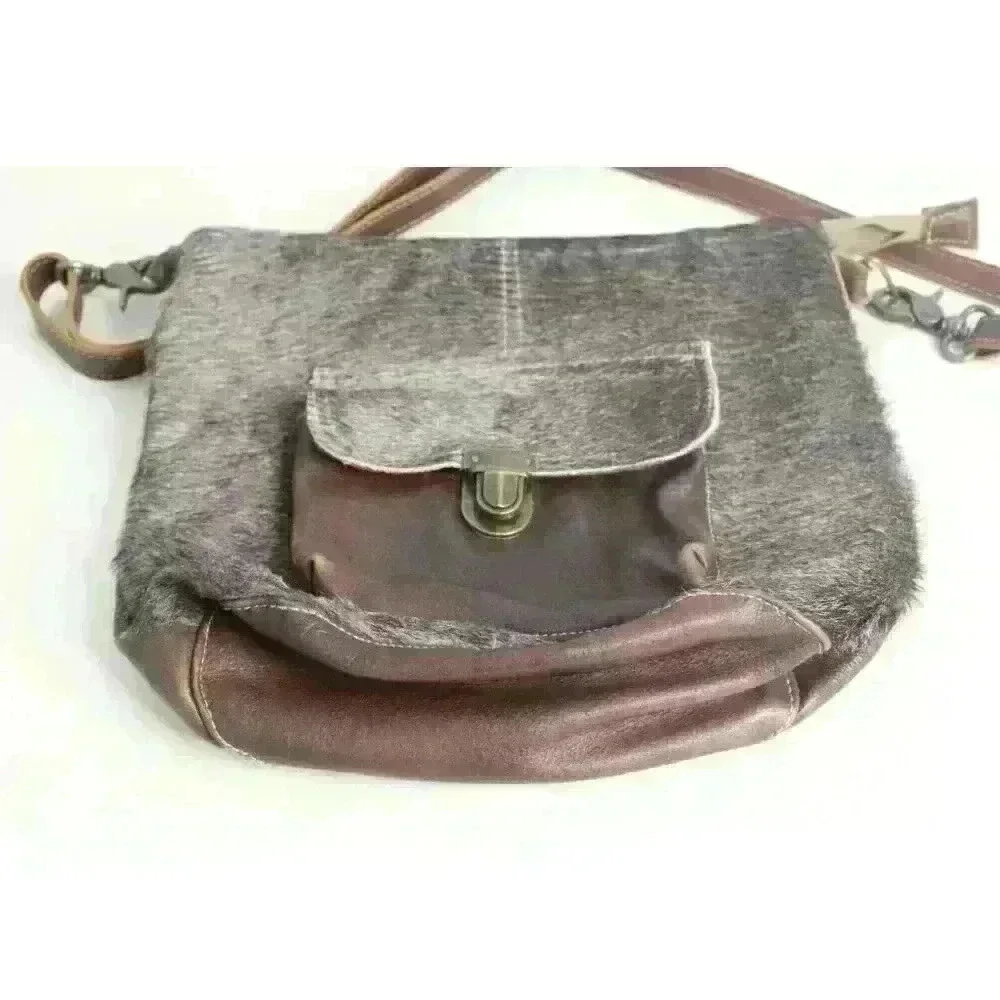 Myra Bag Western Cowgirl On Hide Leather Medium Brown Satchel Crossbody Purse‎